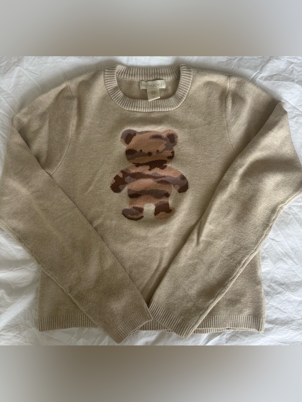 Cynthia Rowley Camo Teddy Bear Crewneck Knit Sweater Beige Tan Size Medium M